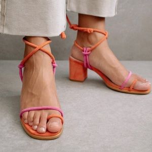 NEW ALOHAS Grace Orange & Pink Heeled Suede Sandal Sz38